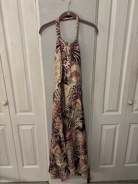 NWT Vintage Y2K 100% Silk Beaded Halter neck Maxi Dress Animal Print Size 8